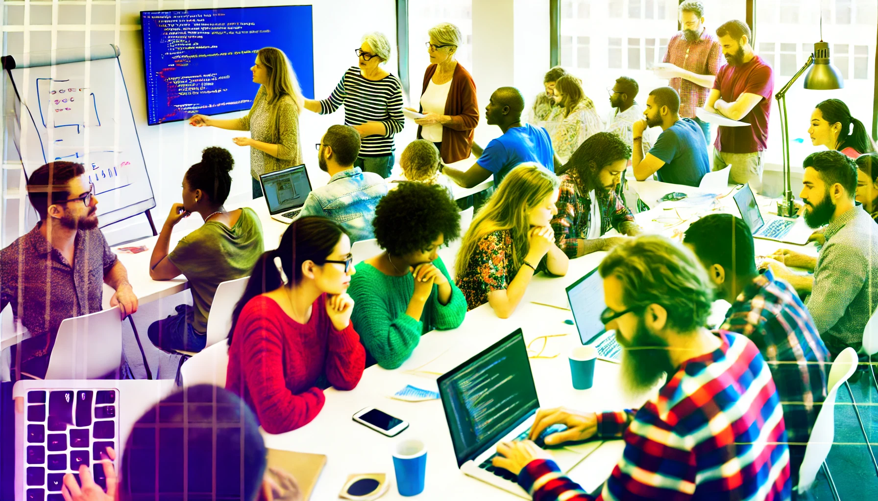 DALL·E 2024-10-28 15.25.21 – A vibrant, text-free image of a hands-on technology training session focused on creating social impact. A diverse group of participants, representing
