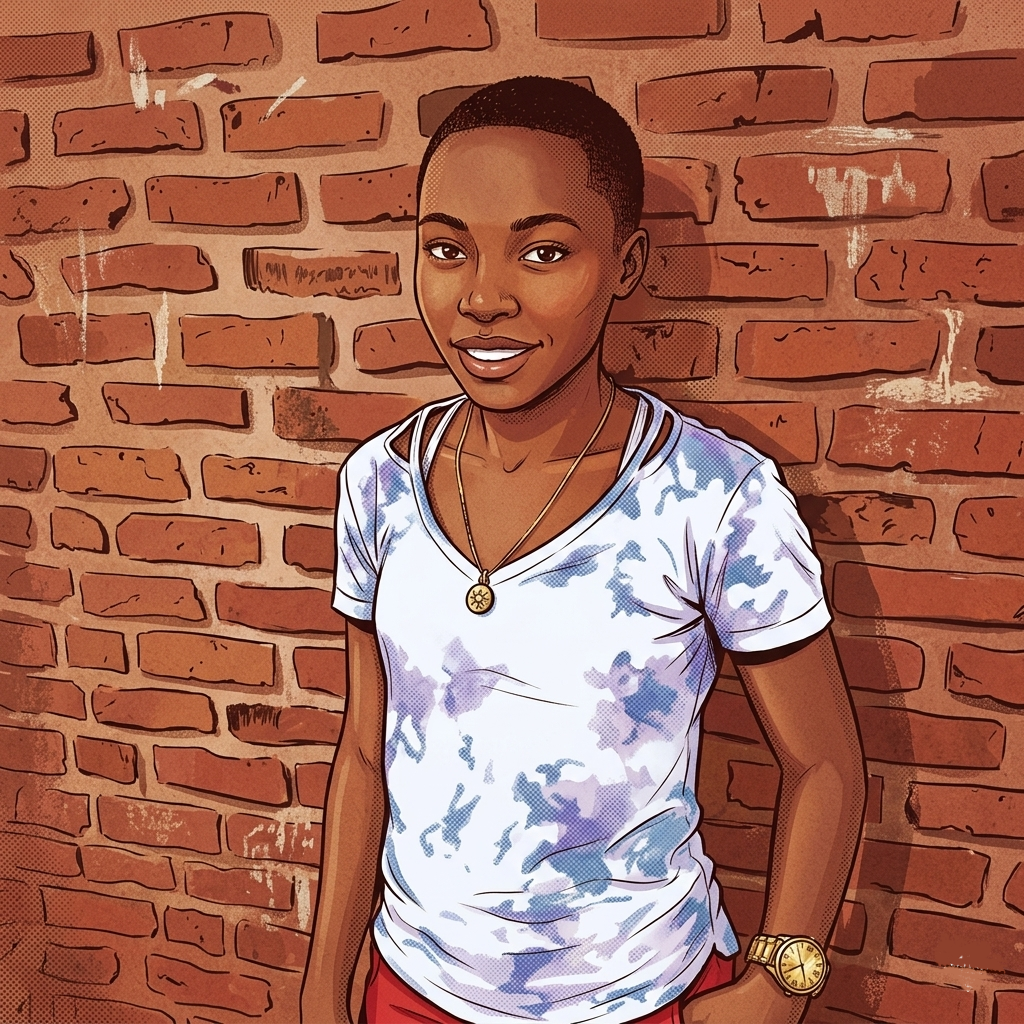 Rwandan school girl standing against brick wall looking at the camera