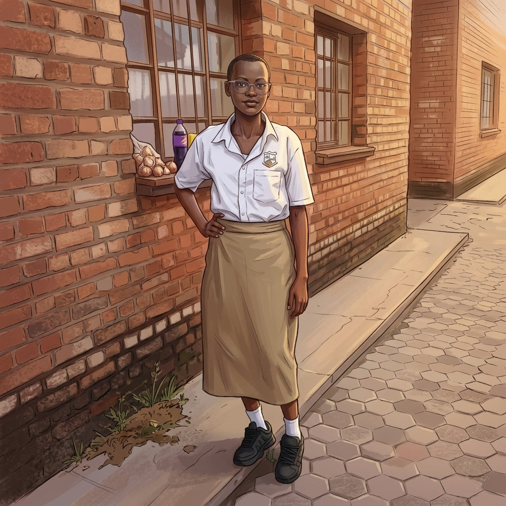 A Rwandan School Girl standing next to a brick wall