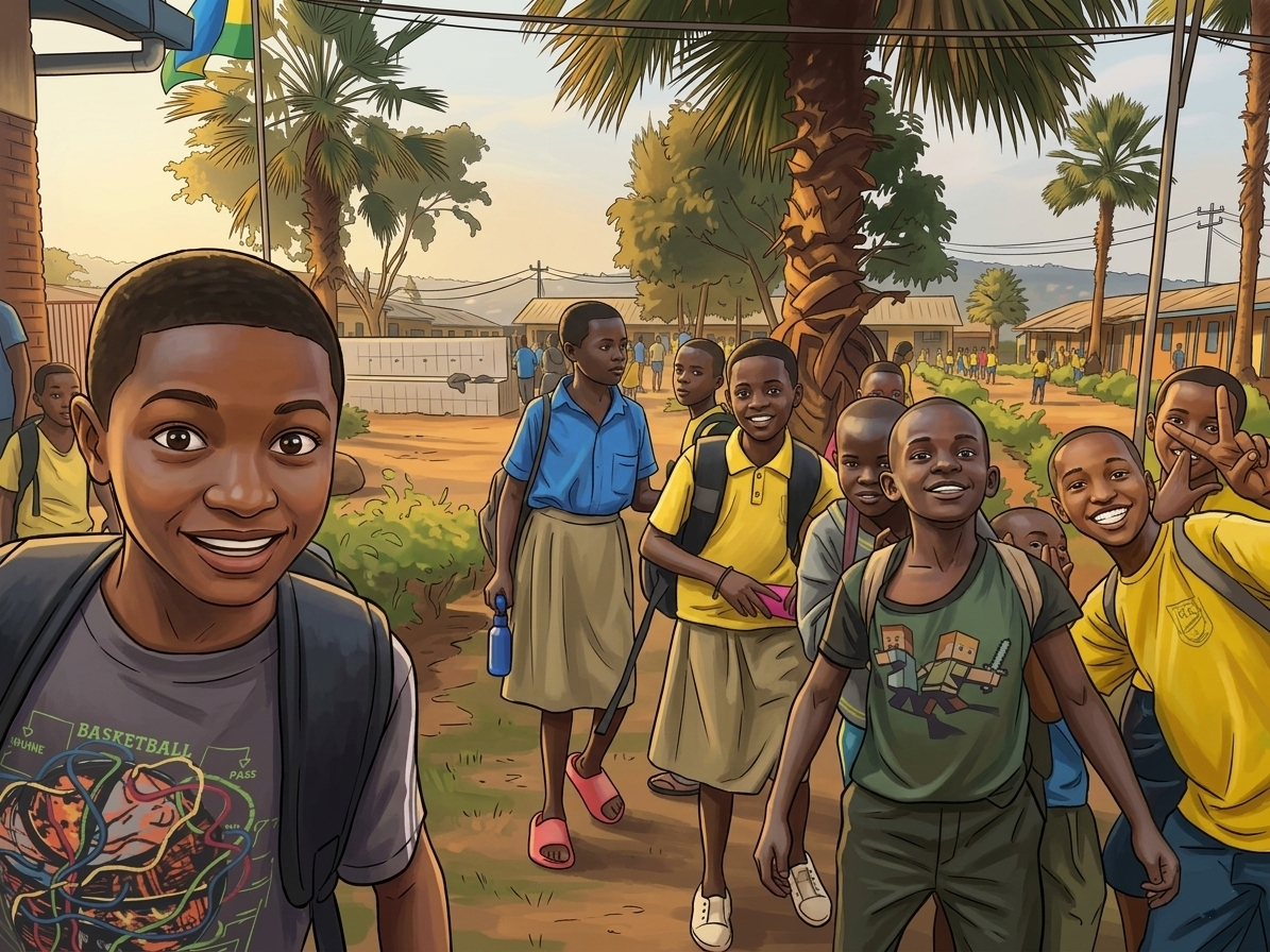 Rwandan school students outside happy and looking at the camera