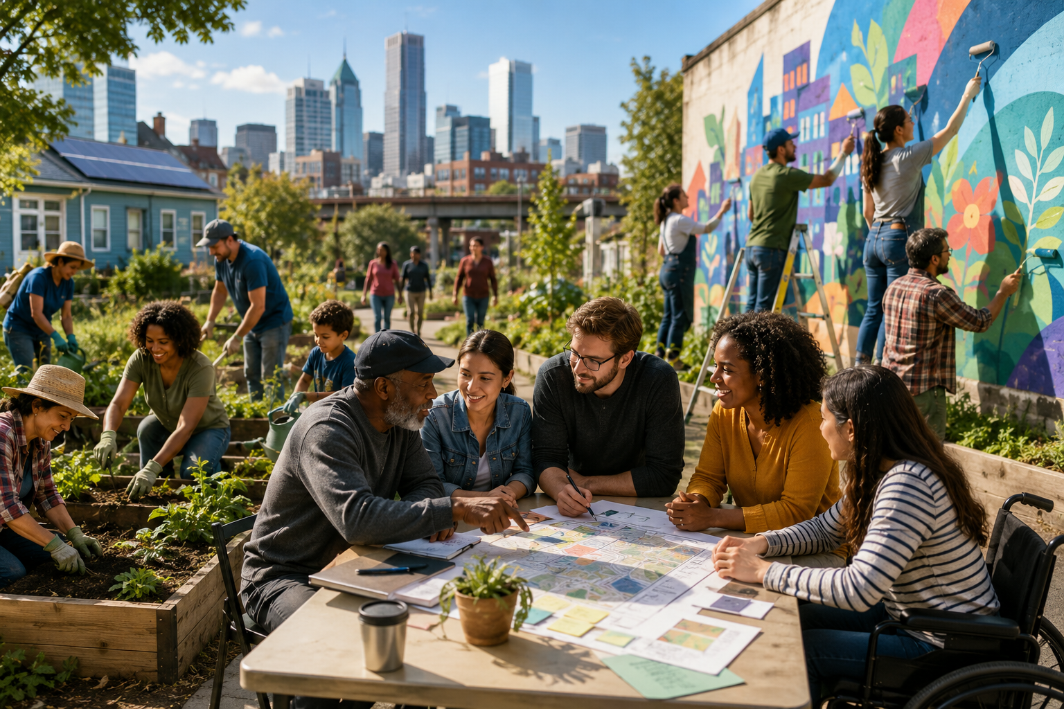 People in a community, city, all working together. Around a table, in the garden, painting murals.